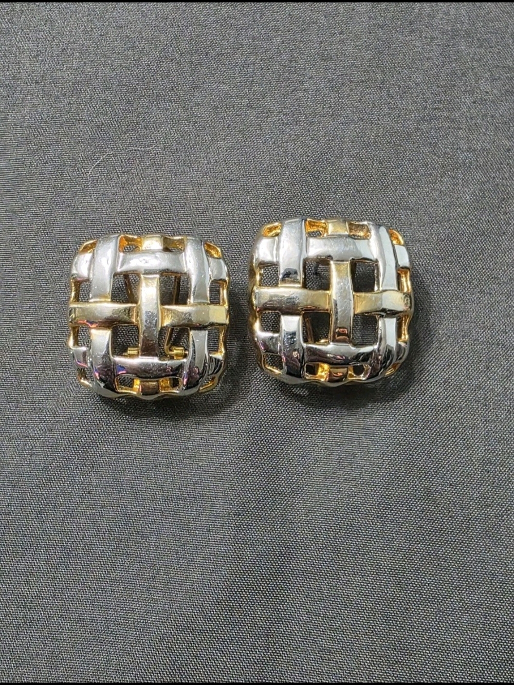 Estate Two-Tone Woven Square Omega Design Earrings - Item 512